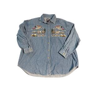 Quizz‎ Shirt Women Size 22 Vintage Noah's Ark Scene Button Up Cotton Embroidery